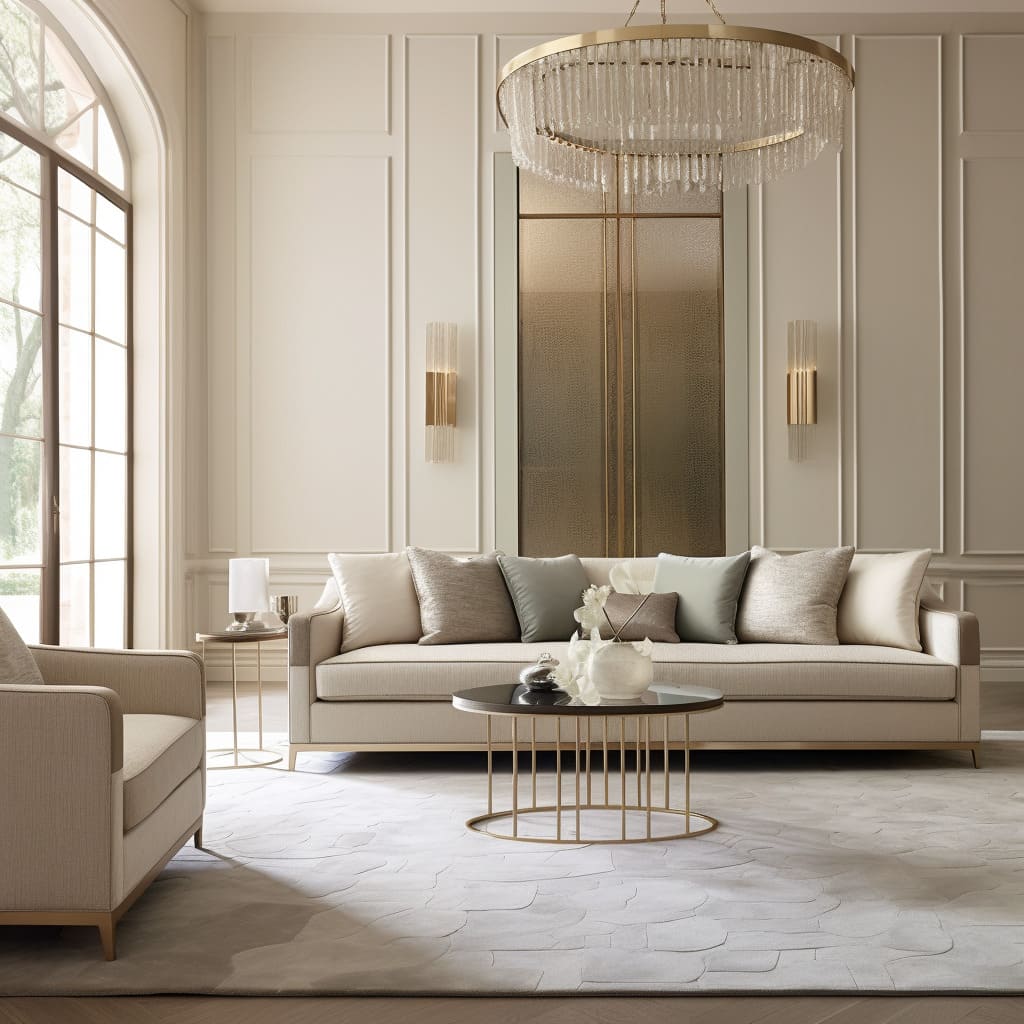 In this home, the interior design showcases a plush beige seating area enhanced with elegant brass accents.