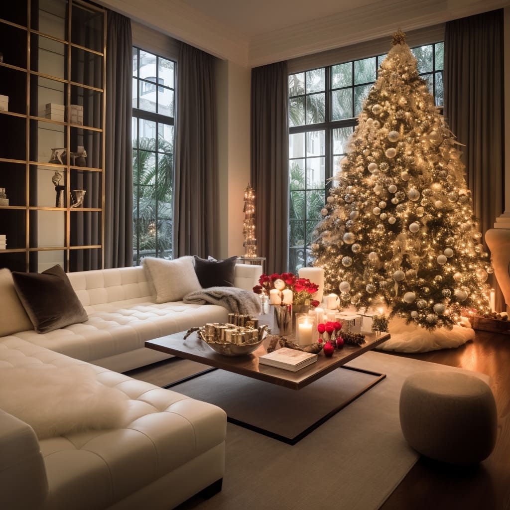 In this home, the living room becomes a festive retreat with its warm and inviting Christmas decorations.