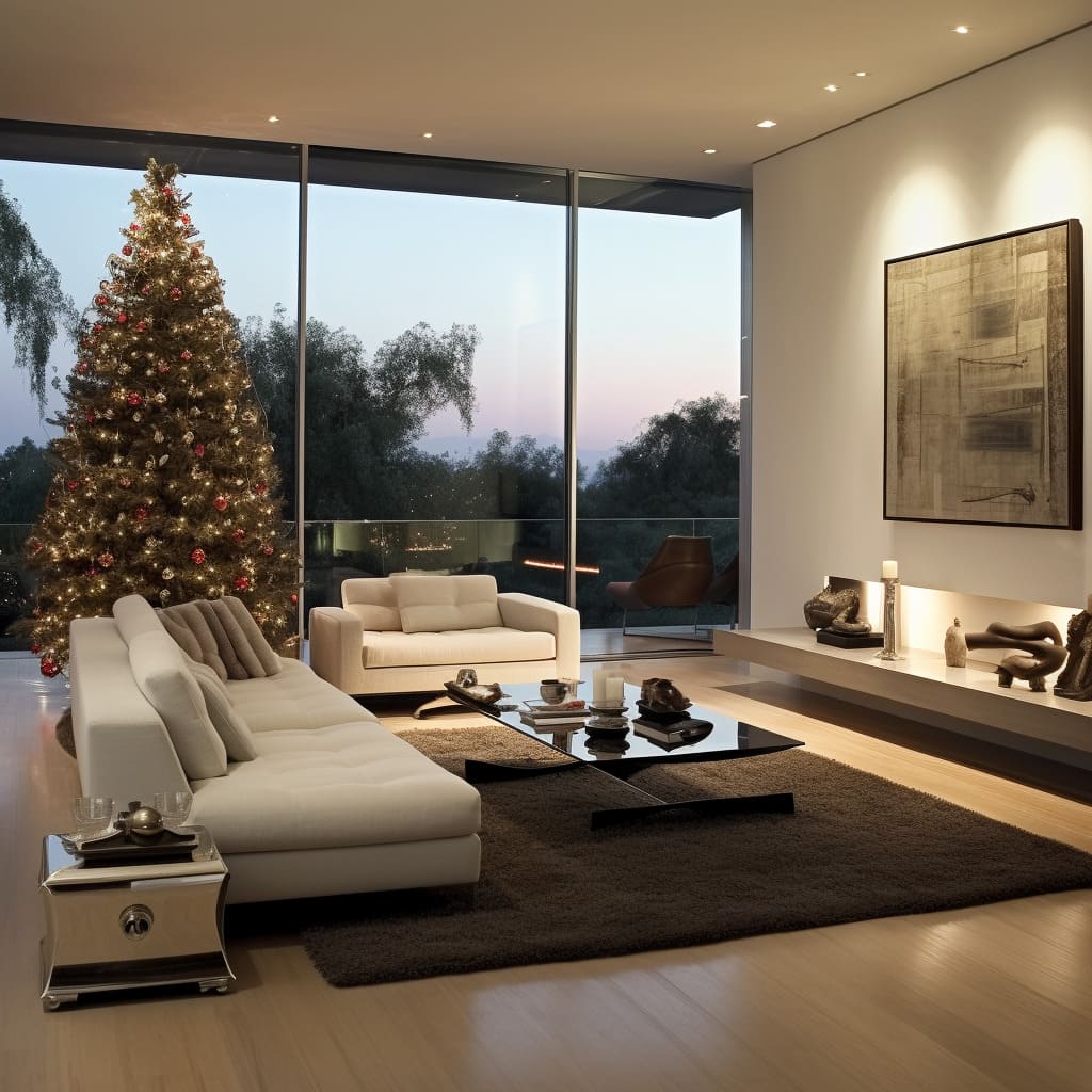 In this home, the living room showcases a modern Christmas interior design, blending traditional and contemporary elements.
