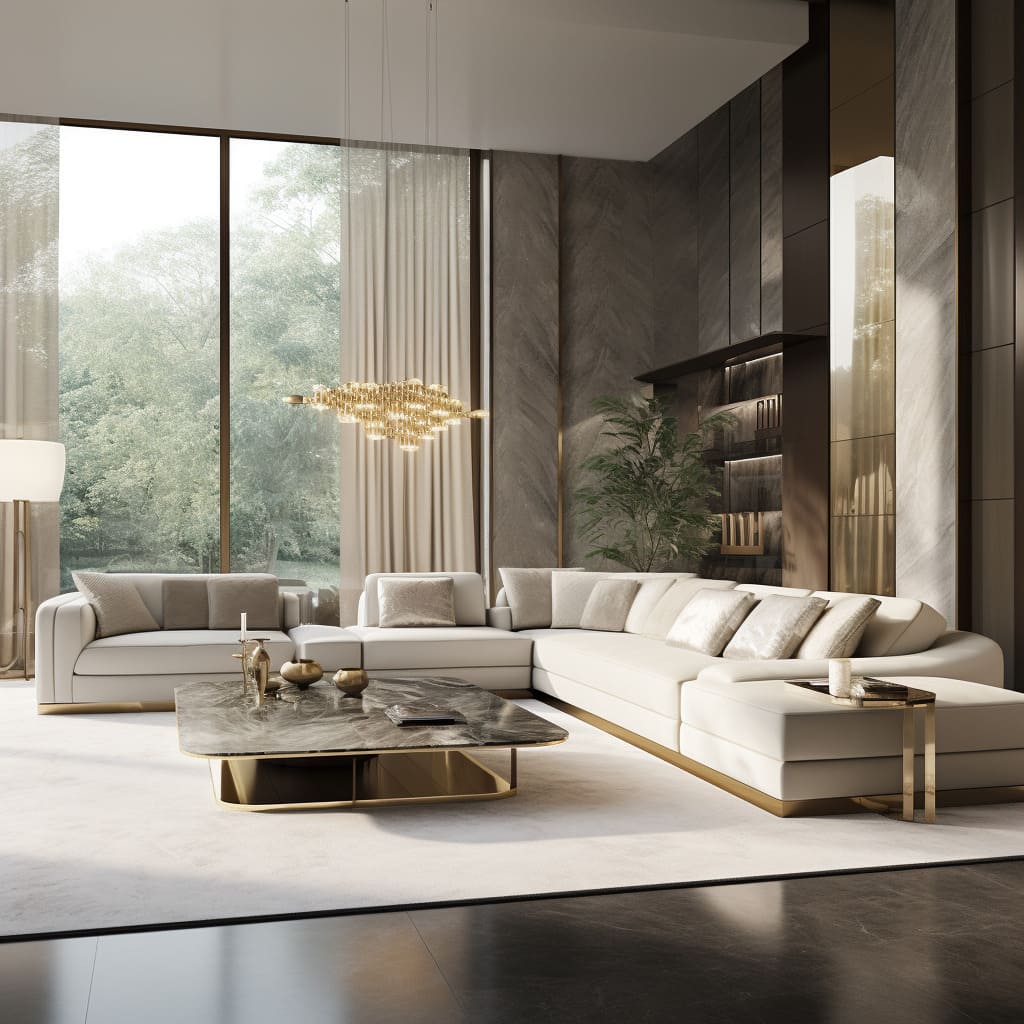 In this home, the living room's design focuses on luxury, pairing neutral tones with elegant copper and brass finishes.