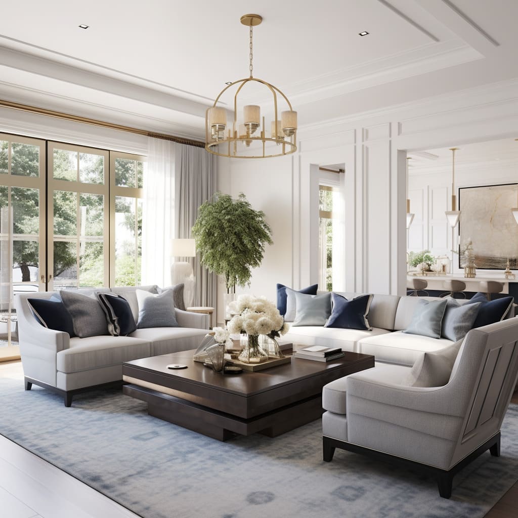 In this home, the sleek lines of a new classical sofa offer a sophisticated focal point for the interior design.
