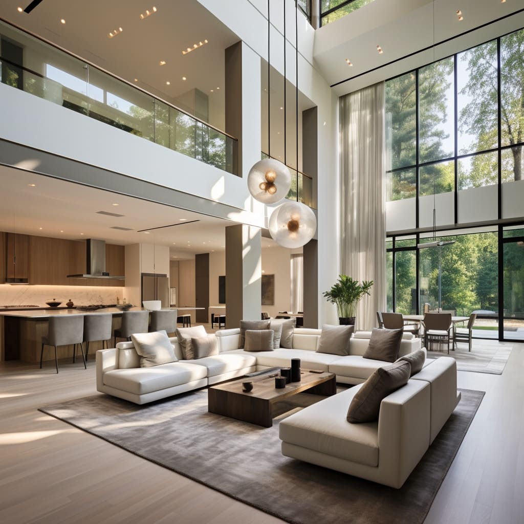 In this house, the living room boasts floor-to-ceiling windows that frame nature, enhancing its tranquil ambiance.