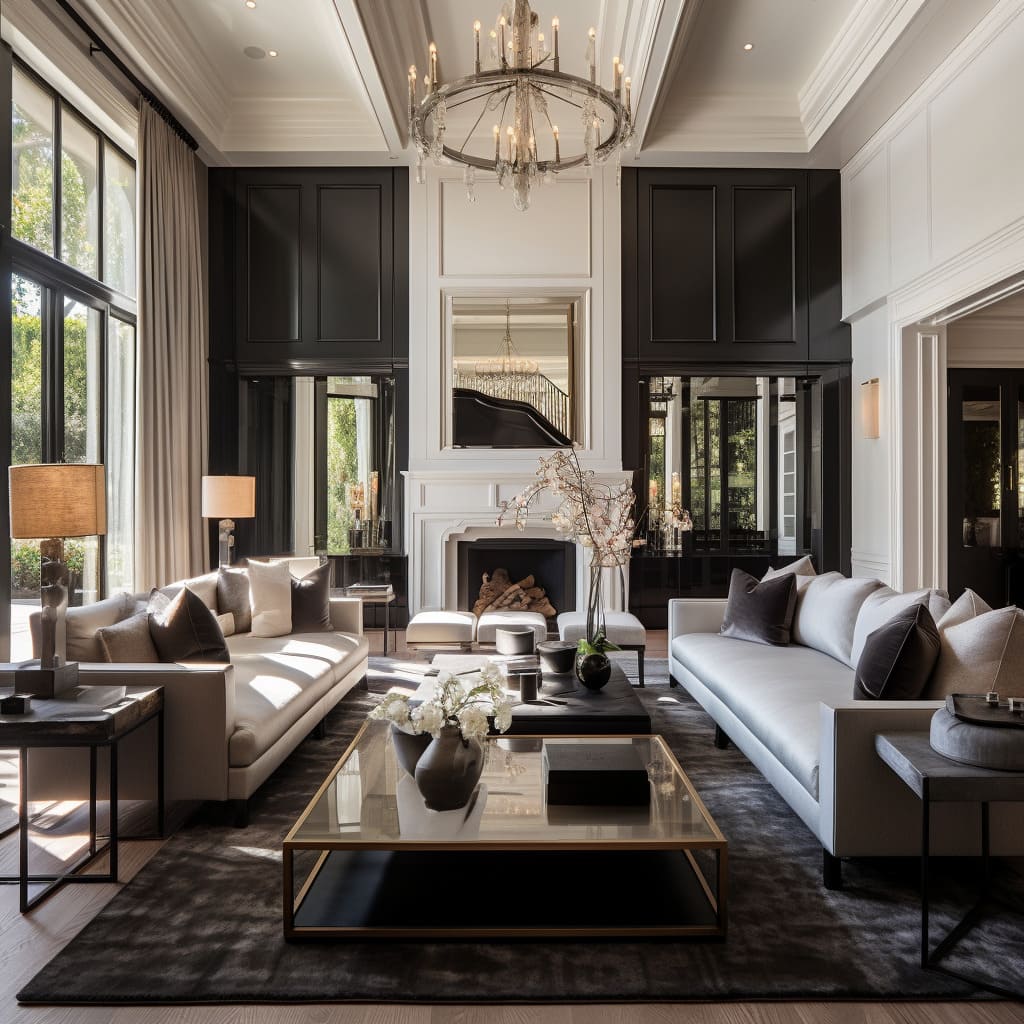 In this house, the living room is a showcase of contemporary elegance with traditional American influences.