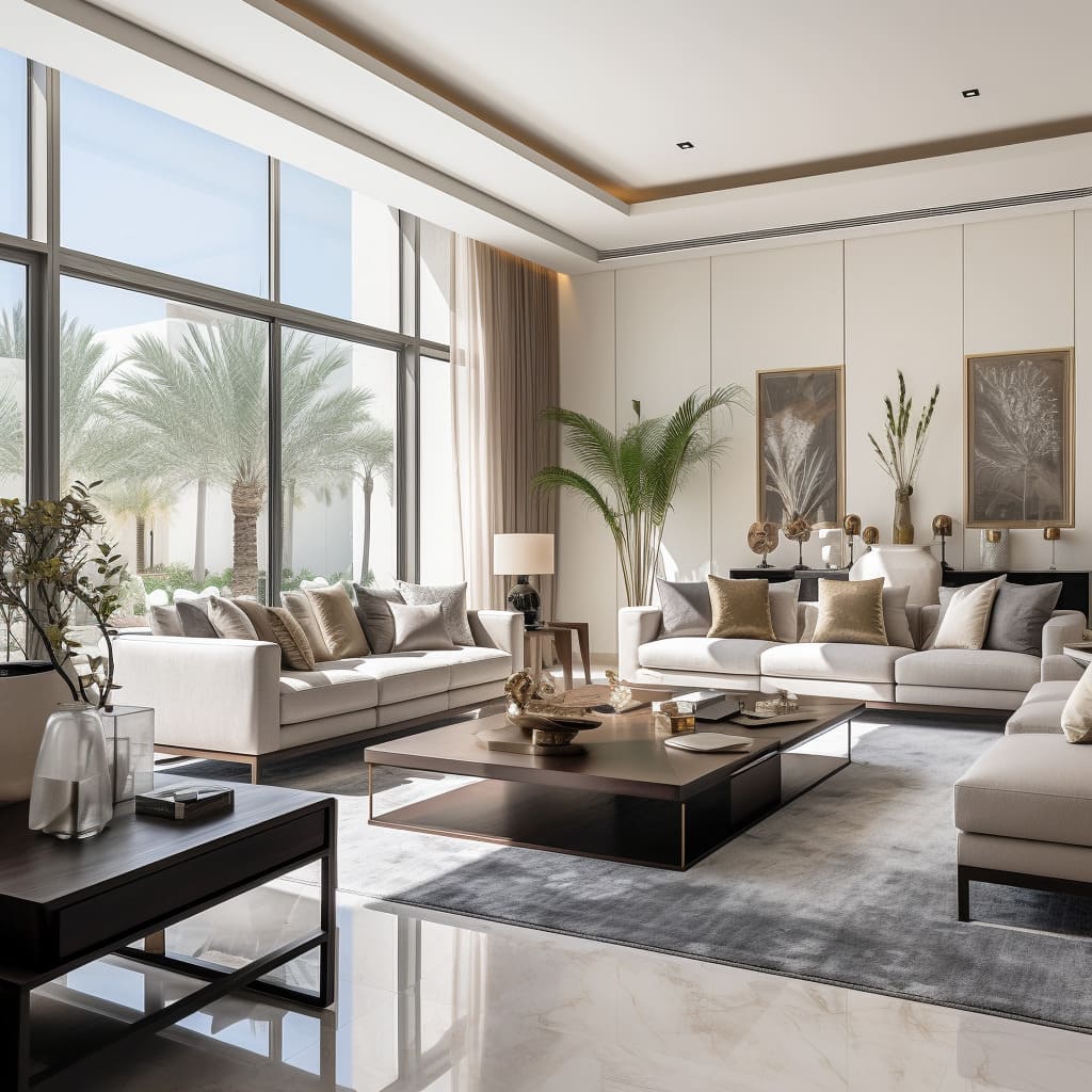 In this interior, a plush sofa complements the minimalist, modern living room decor.