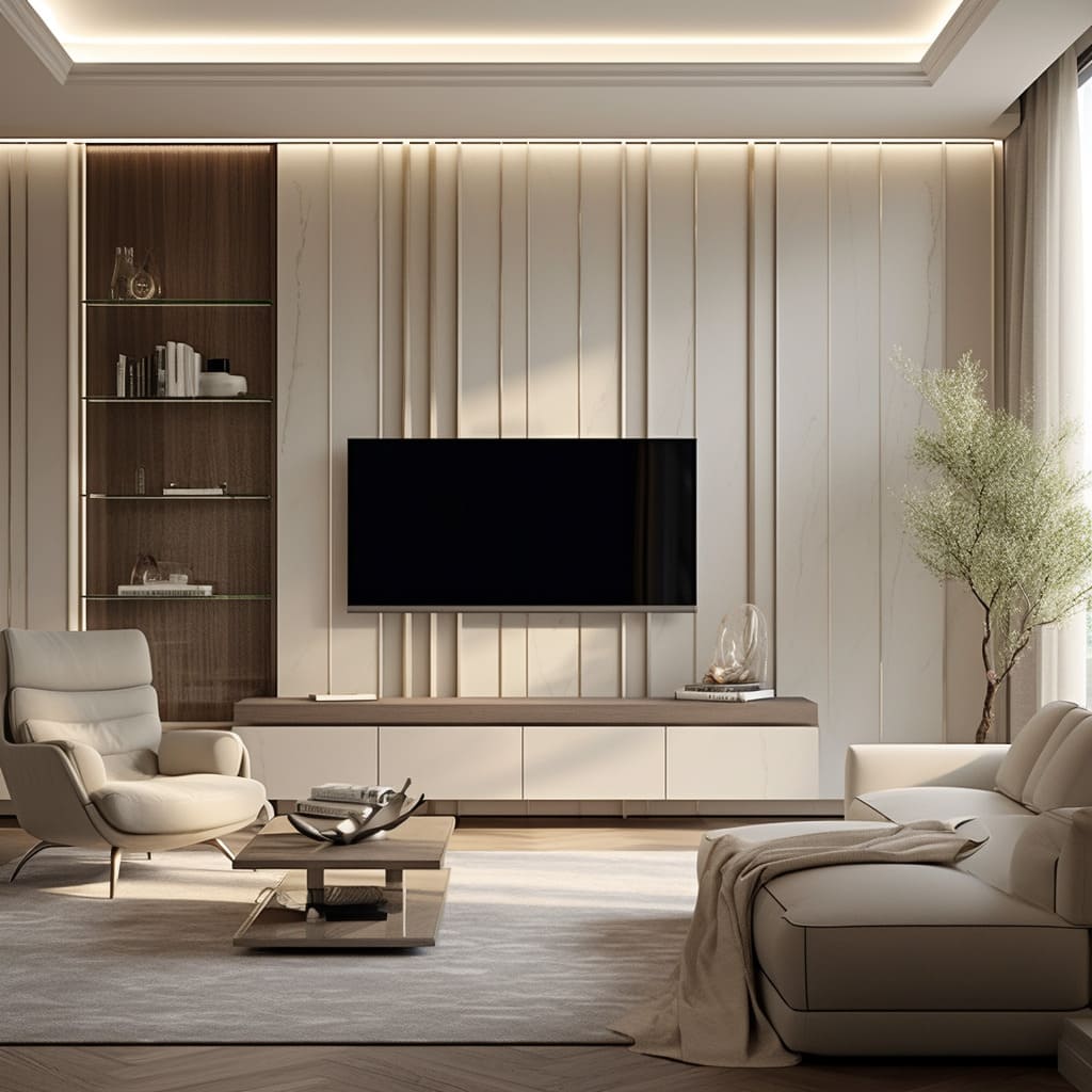 In this interior design, the TV wall serves as a stylish focal point amid plush seating arrangements.