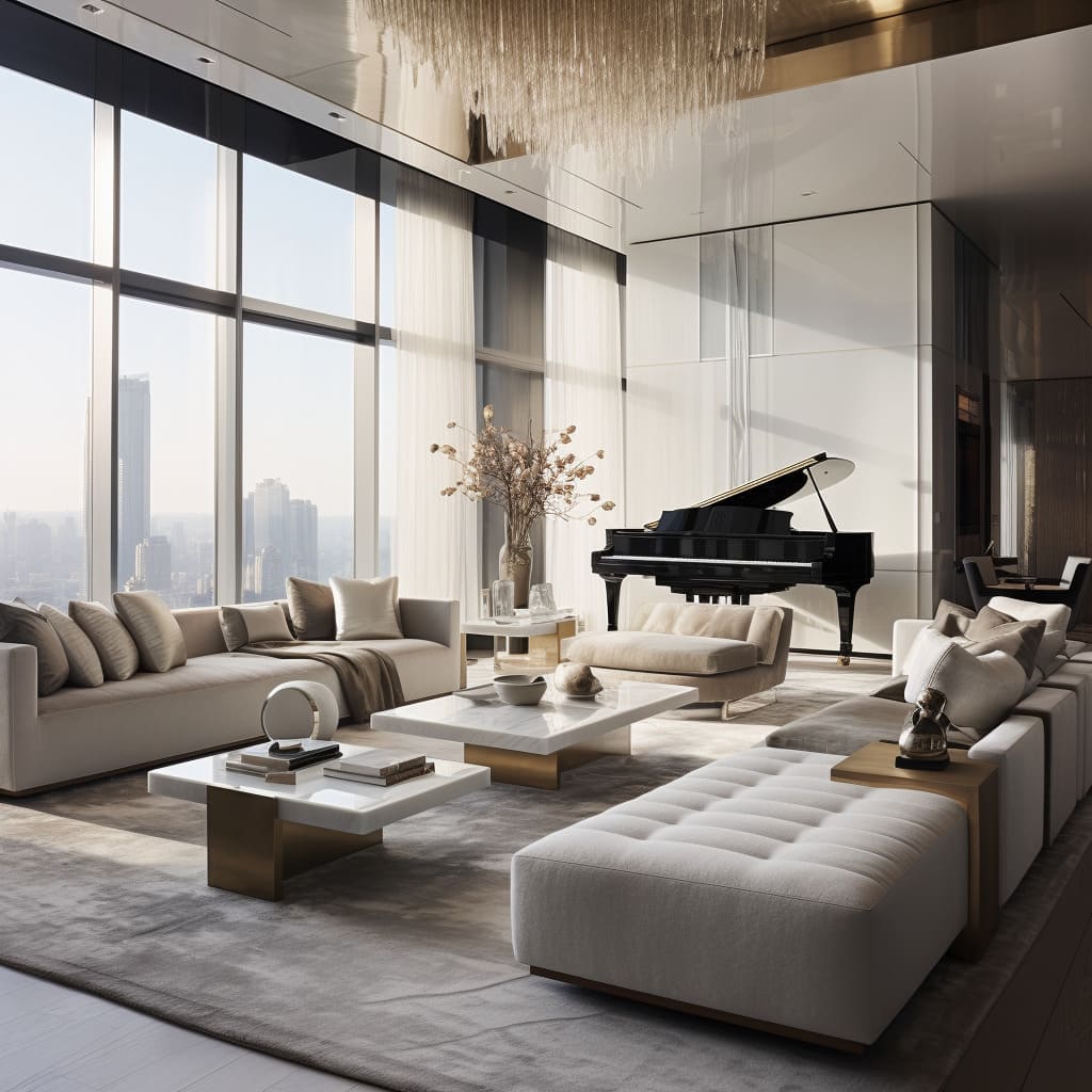 In this large apartment, the living room features an open-concept layout, embracing a modern and spacious interior design.