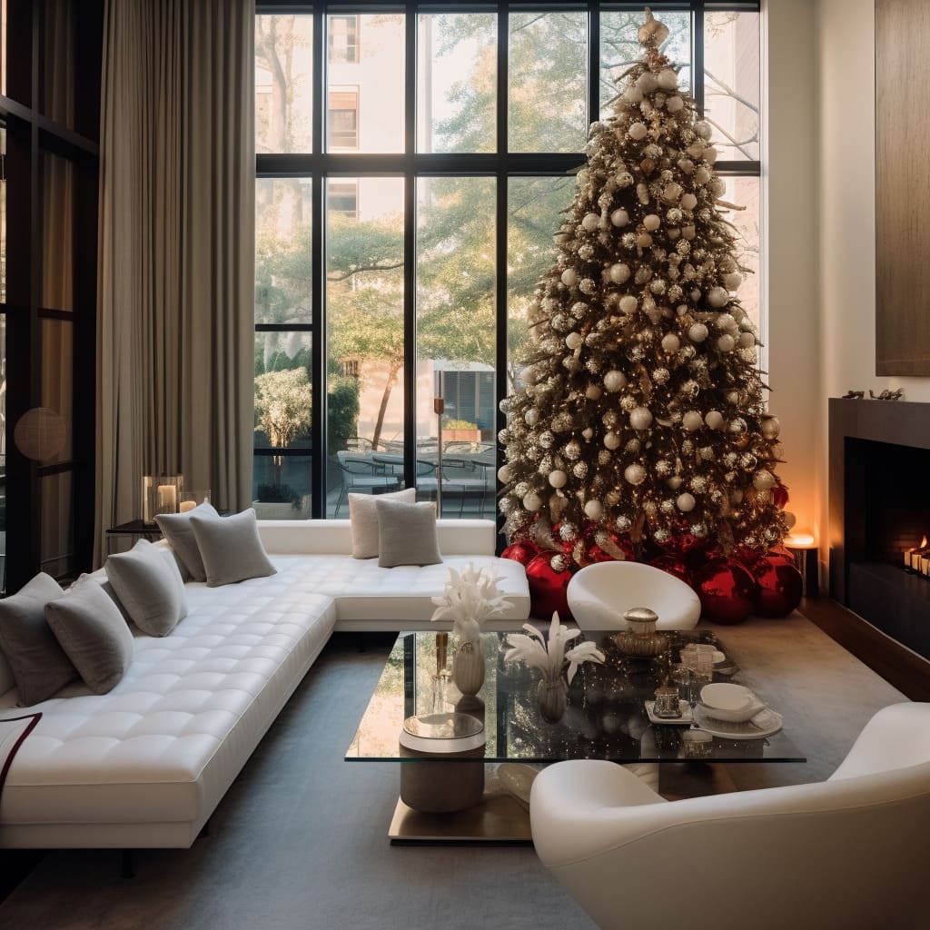 In this living room, a cluster of holiday candles creates a warm, inviting Christmas atmosphere.