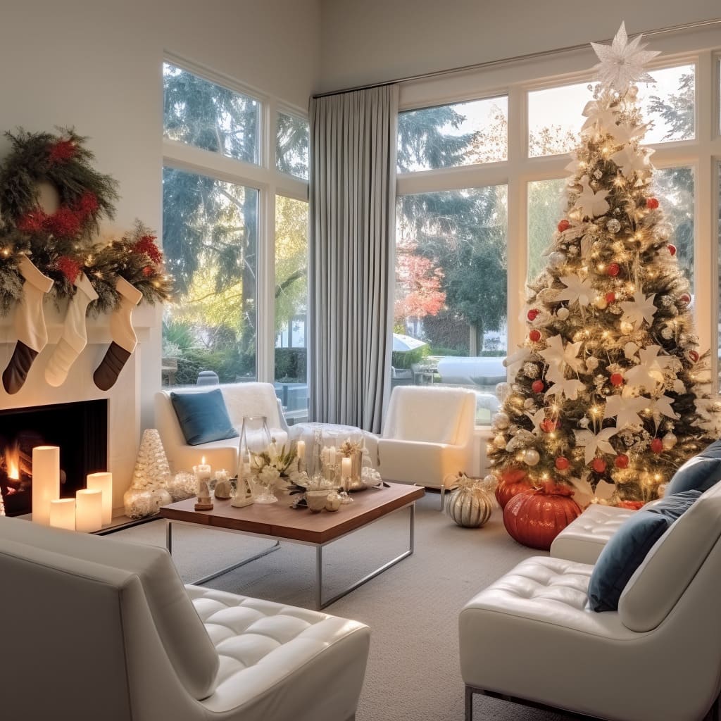 In this living room, a lavish Christmas feast table is set, ready for the festive celebrations.