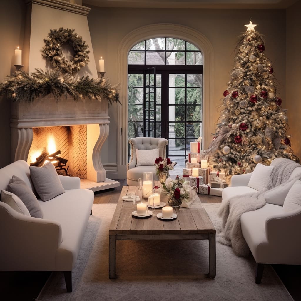 In this living room, an elegant Christmas wreath complements the sophisticated holiday decor.