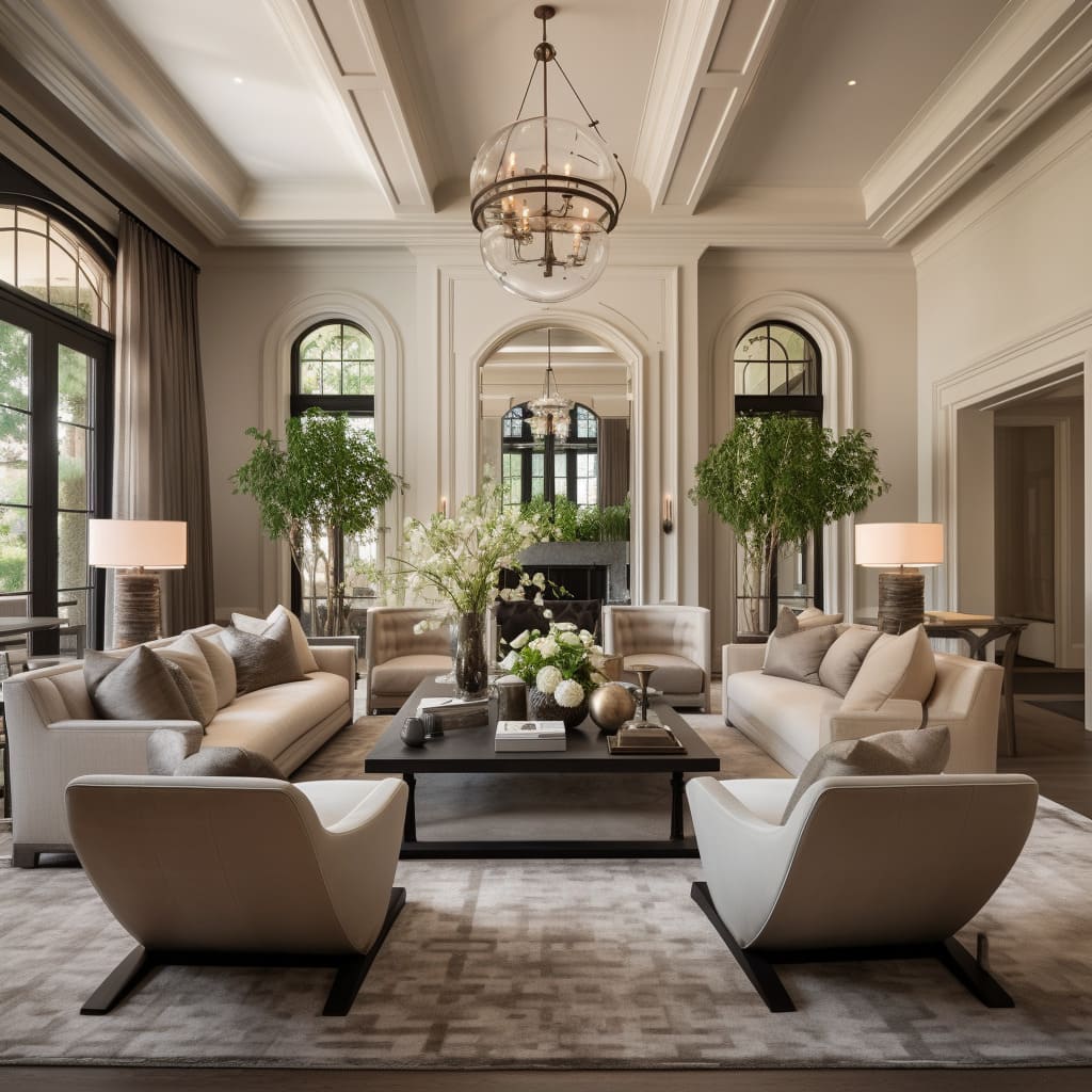 In this living room, contemporary style meets traditional elegance, creating a welcoming and sophisticated space.