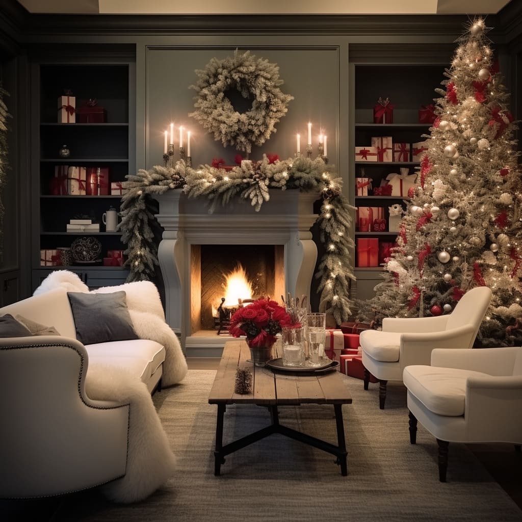 In this living room, the Christmas decor includes a playful mix of modern and vintage elements.