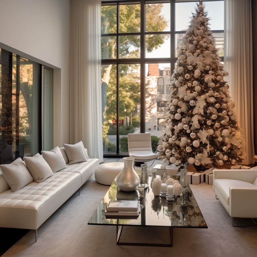 In this living room, the Christmas decorations are carefully chosen to match the home's elegant style.
