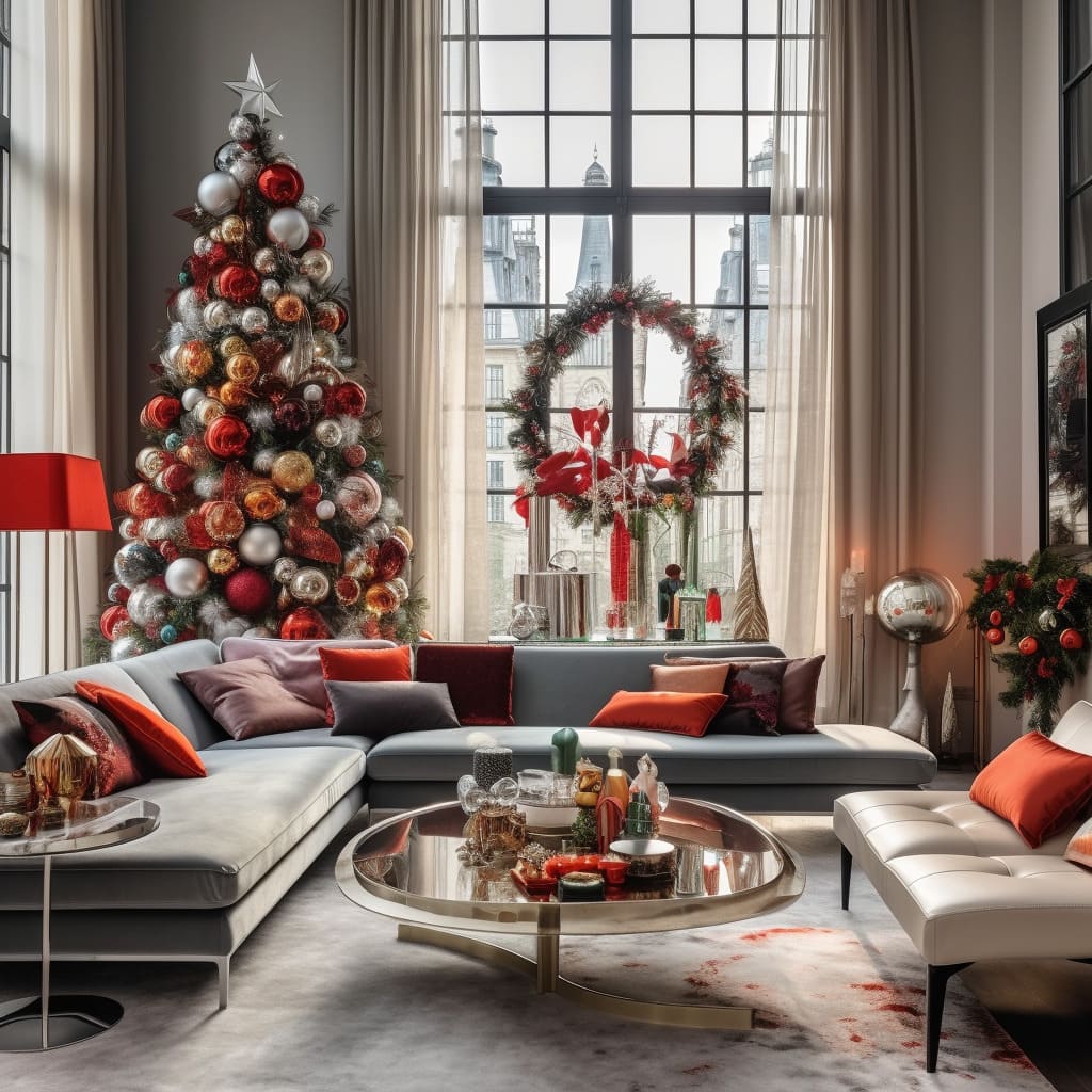 In this living room, the Christmas tree is adorned with unique, handcrafted ornaments.
