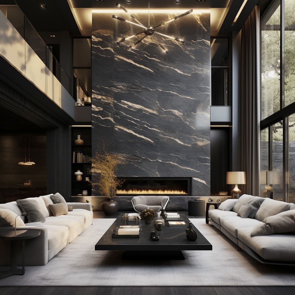 In this living room, the dark cladding pairs with delicate decorations to balance luxury and charm.