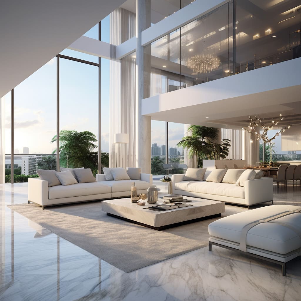 In this living room, the elegant use of marble adds a touch of luxury to the modern home.