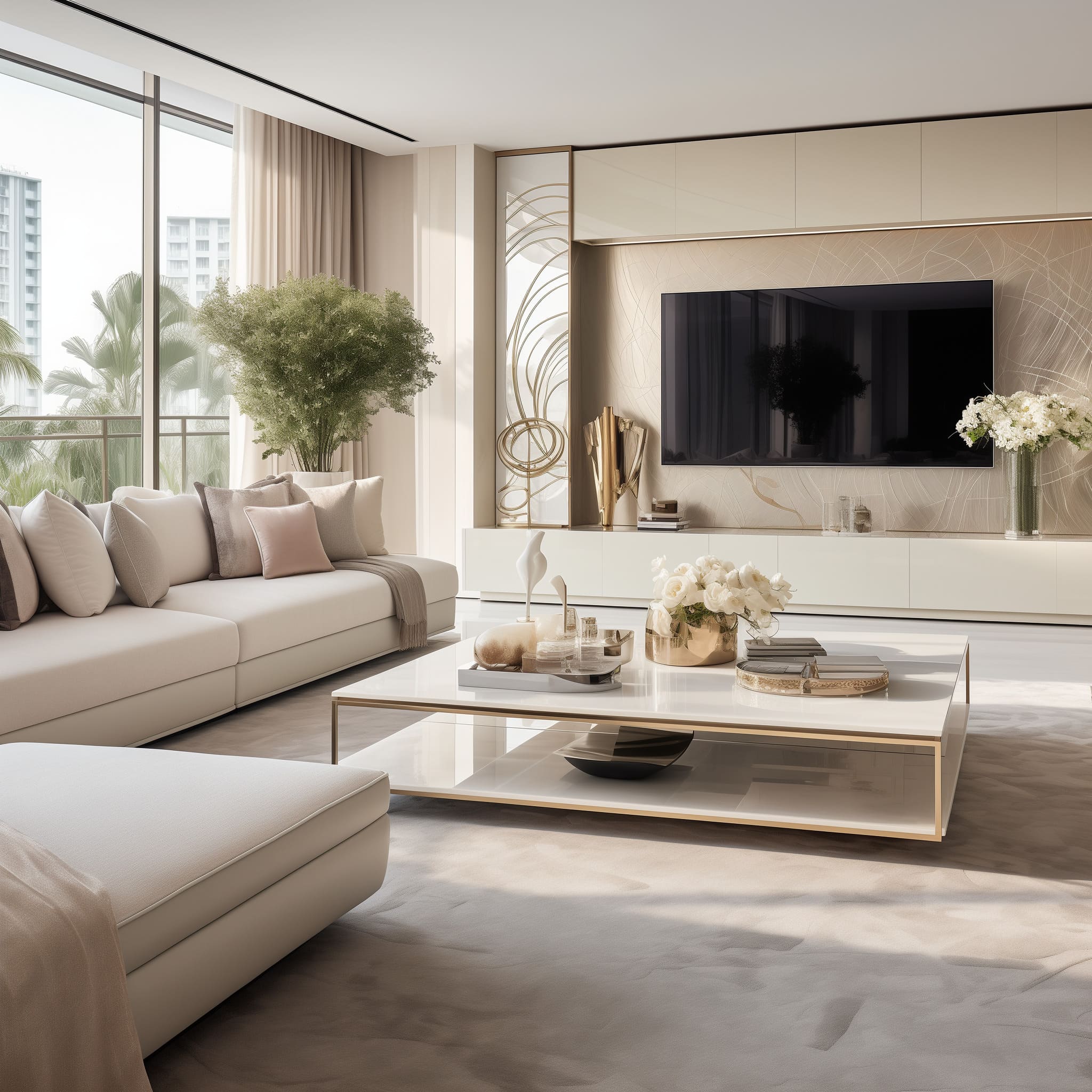 In this living room, the interior design harmoniously blends cream tones with luxury accents for an inviting space.