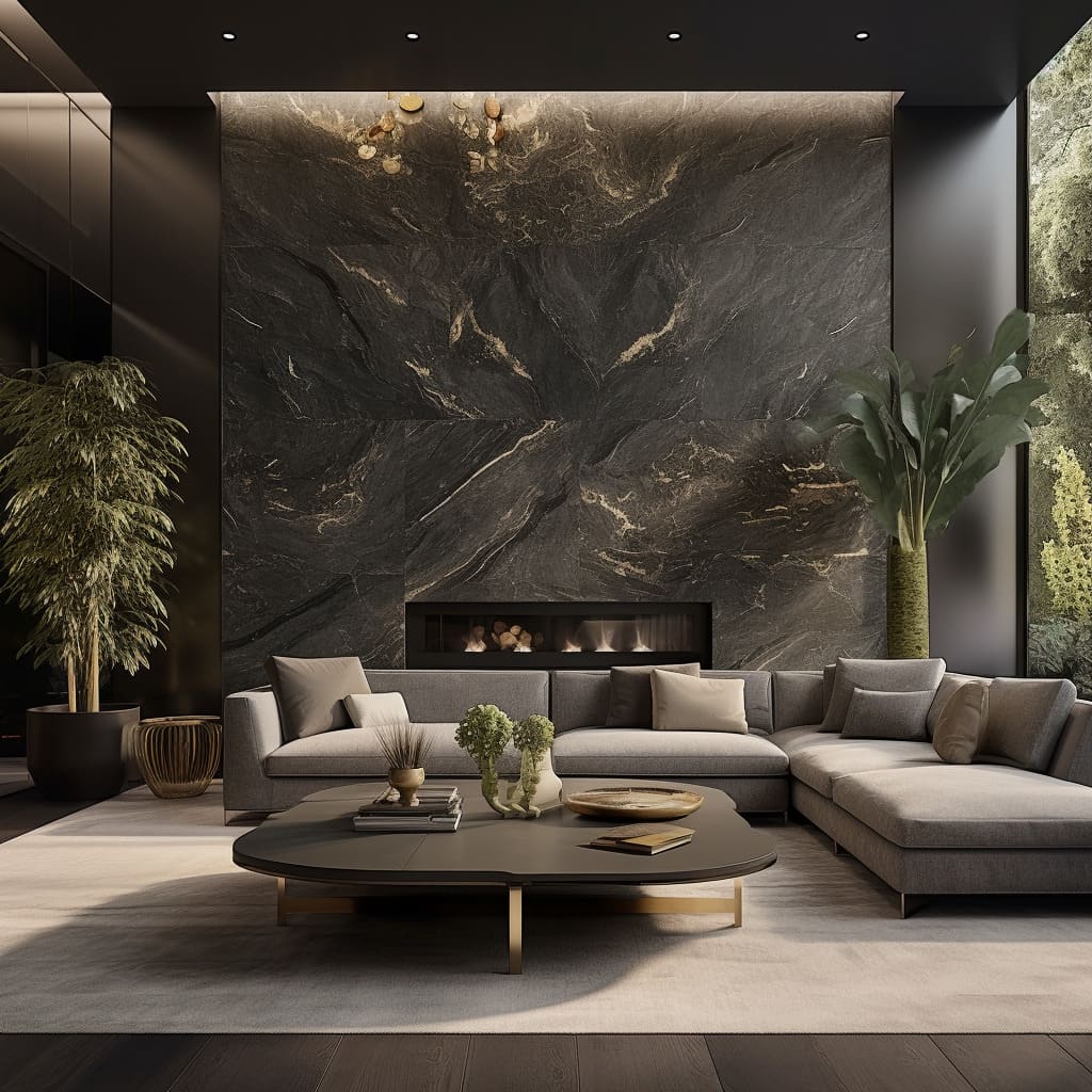 In this living room, the marble cladding and chic decorations go hand in hand.