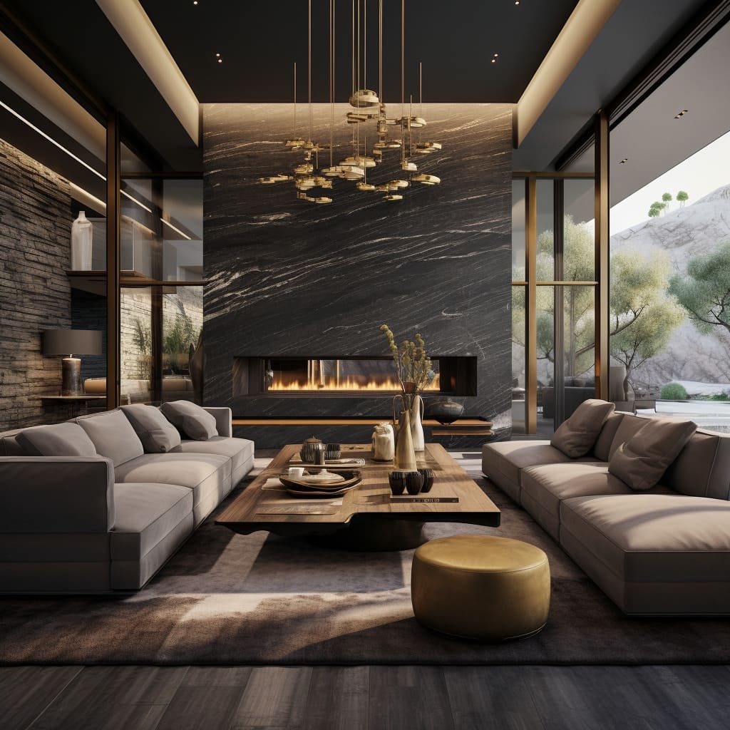 In this living room, the marble cladding is not just a feature, it's the focal point.
