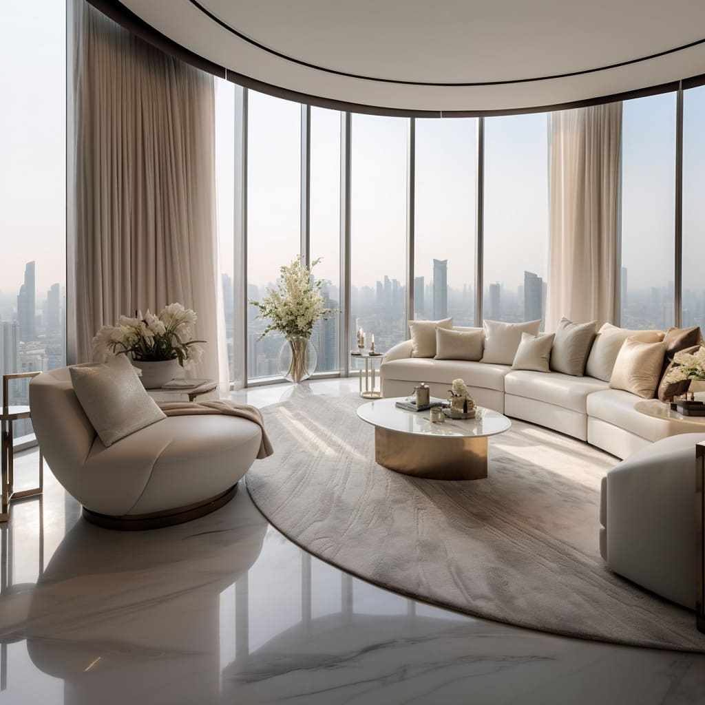 In this living room, the plush off-white sofa sits like a cloud against the modern backdrop.