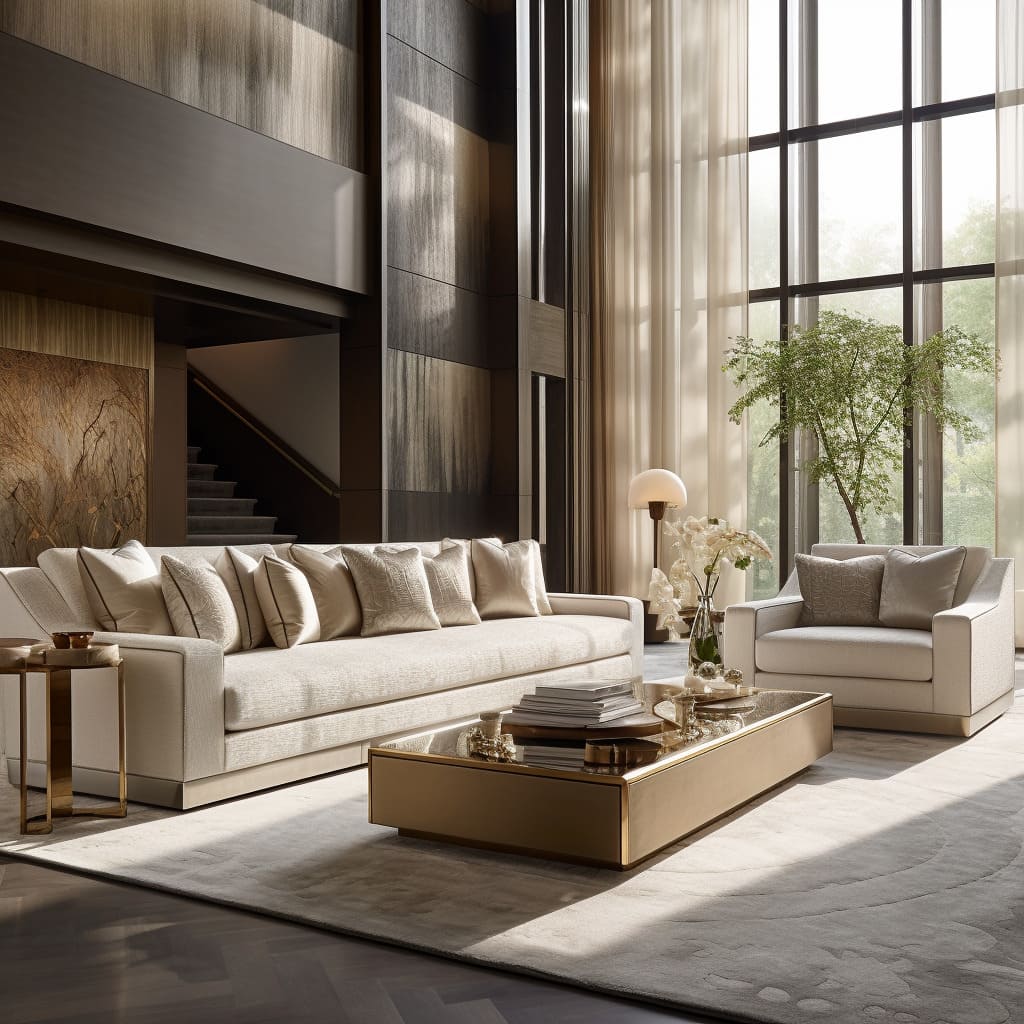 In this living room, the soft beige sofa is the centerpiece of a warm and inviting space.