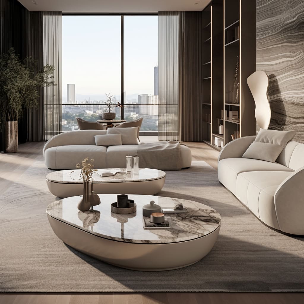 In this living room, the stone coffee table is a natural masterpiece of interior design.