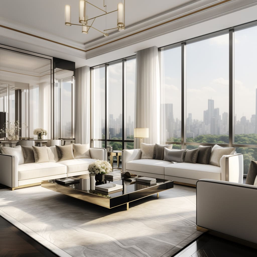 In this luxury apartment, the living room boasts elegant armchairs that complement the contemporary interior design.