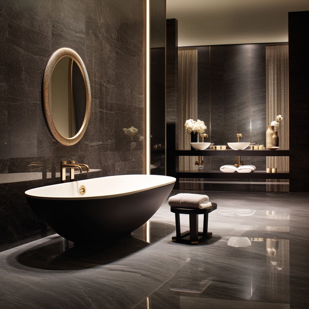 In this master bathroom, gray marble surfaces reflect luxury and style.