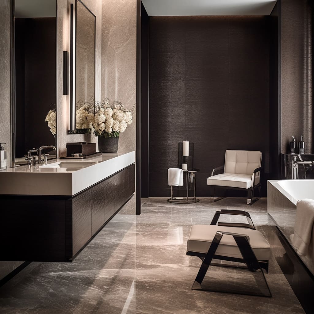 In this master bathroom, the long vanity with double sinks is a hallmark of thoughtful interior design.