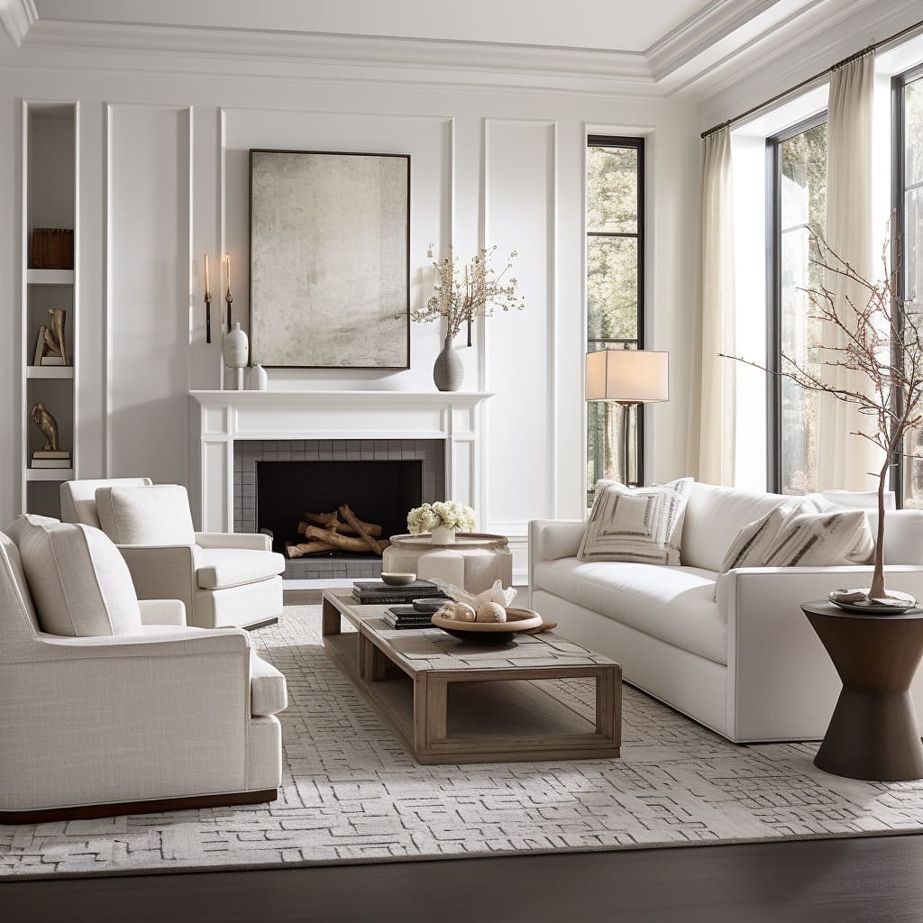 In this modern classic living room, the white seating arrangement creates a tranquil ambiance.
