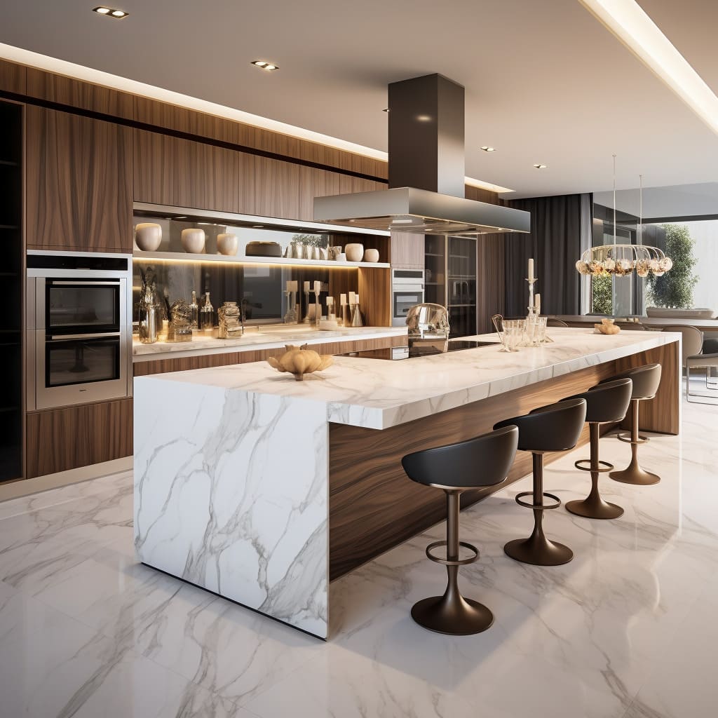 In this modern house, the kitchen features a stunning island with a marble counter, perfect for dining.