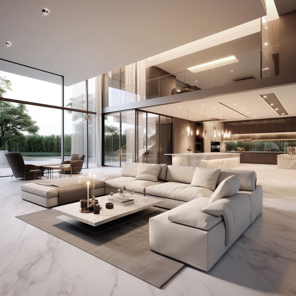 In this modern house, the living room features a sophisticated blend of marble flooring and elegant furniture.