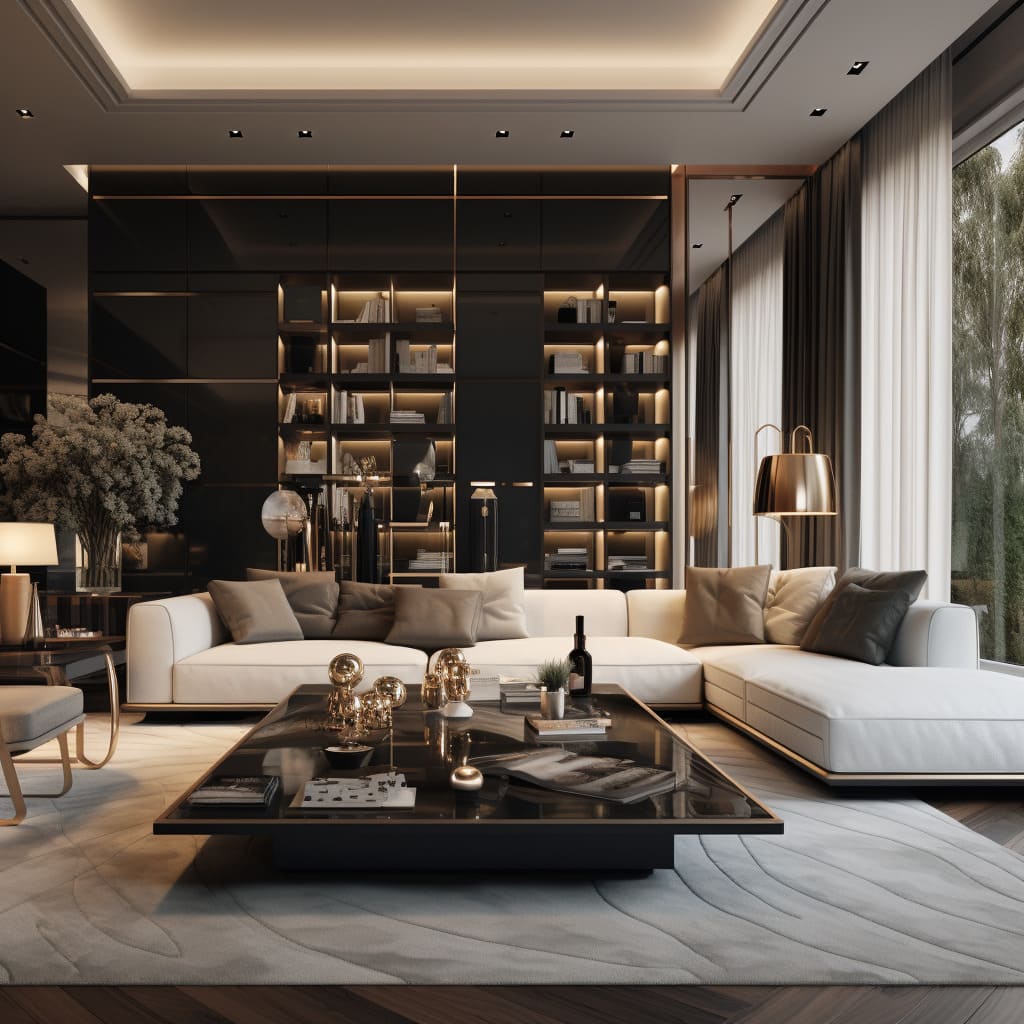 In this modern house, the living room's brown wood elements add richness to the interior design.
