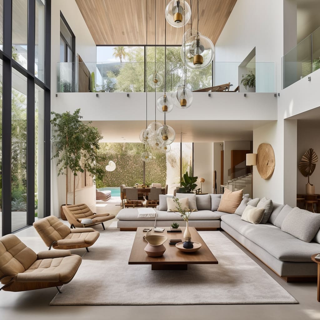 In this modern house, the living room's wooden furniture and white walls offer a timeless elegance