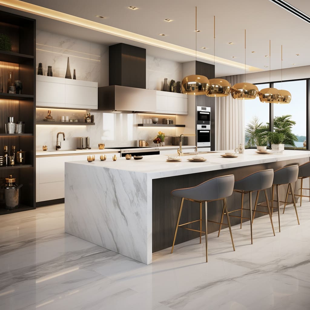 In this modern kitchen, the island with bar stools invites guests to relax in the heart of the home.