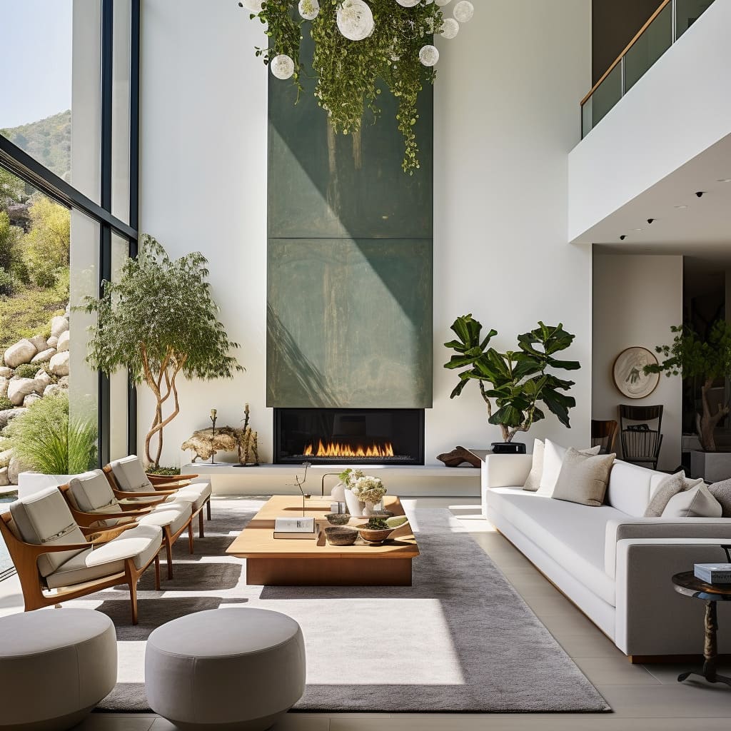 In this modern living room, the seating area with its plush sofas becomes a focal point of comfort and style