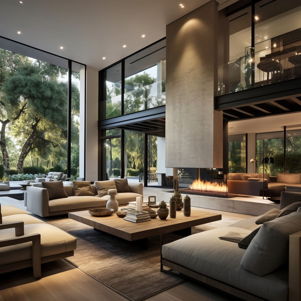 In this modern villa, the living room's expansive windows offer uninterrupted views of the surrounding serenity.