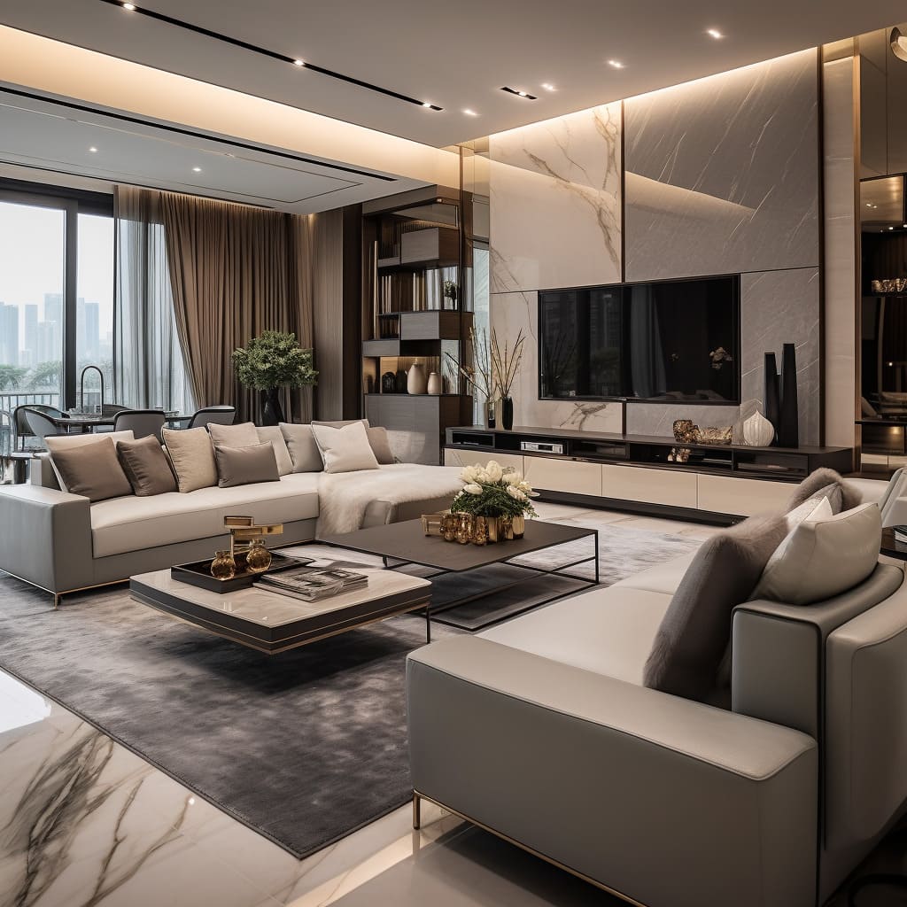 In this open-plan apartment, the living room's gray theme is highlighted by a sleek TV and matching furniture.