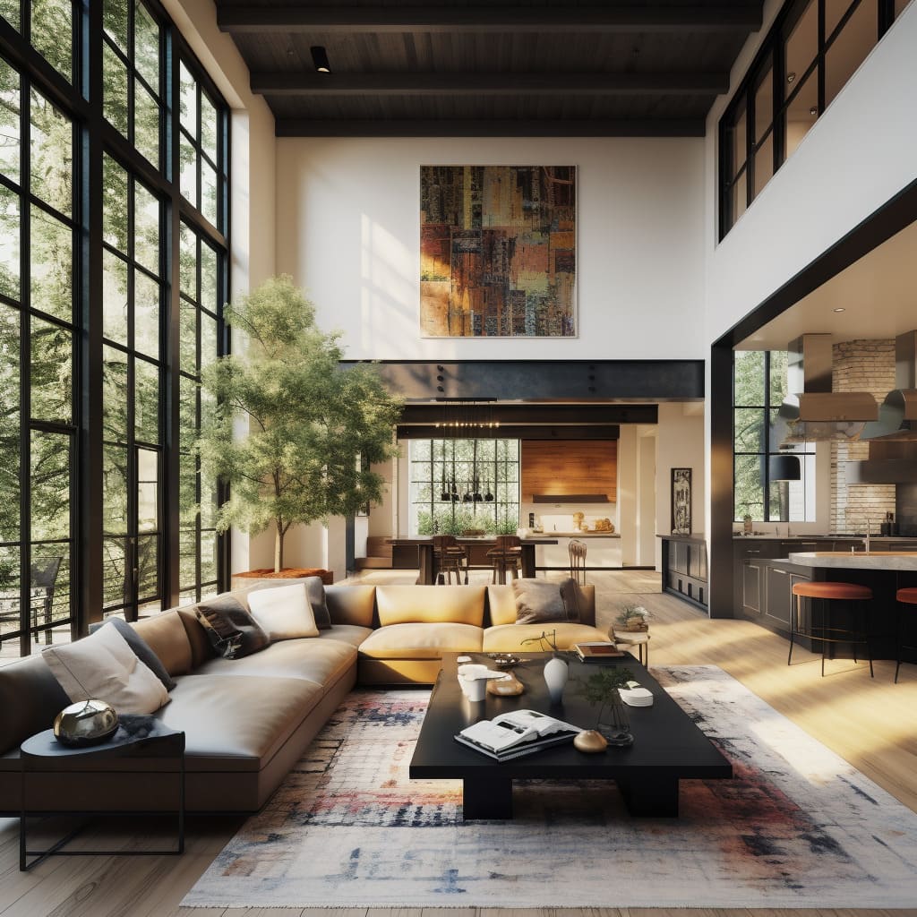Industrial elements in the large living room lend a unique charm.