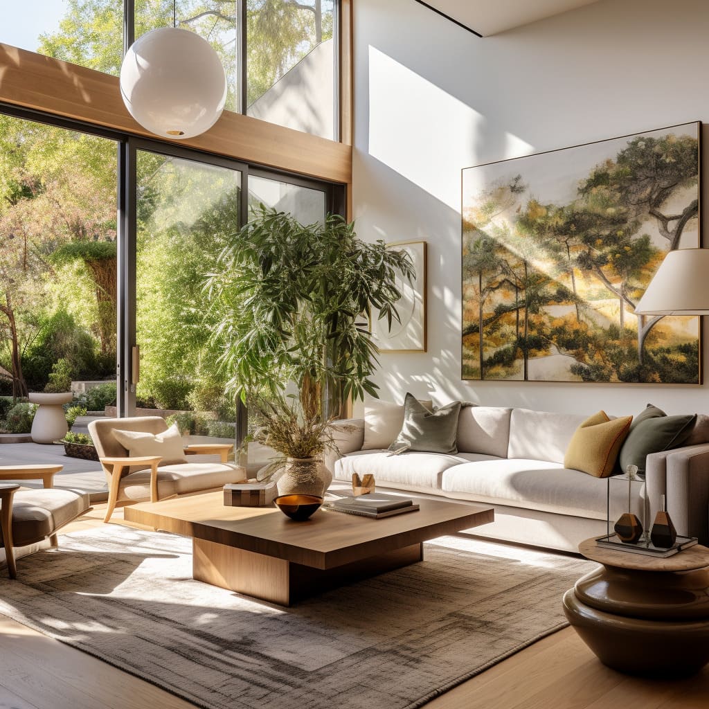 Large windows and indoor trees bring a touch of nature into this modern living room, complemented by white walls