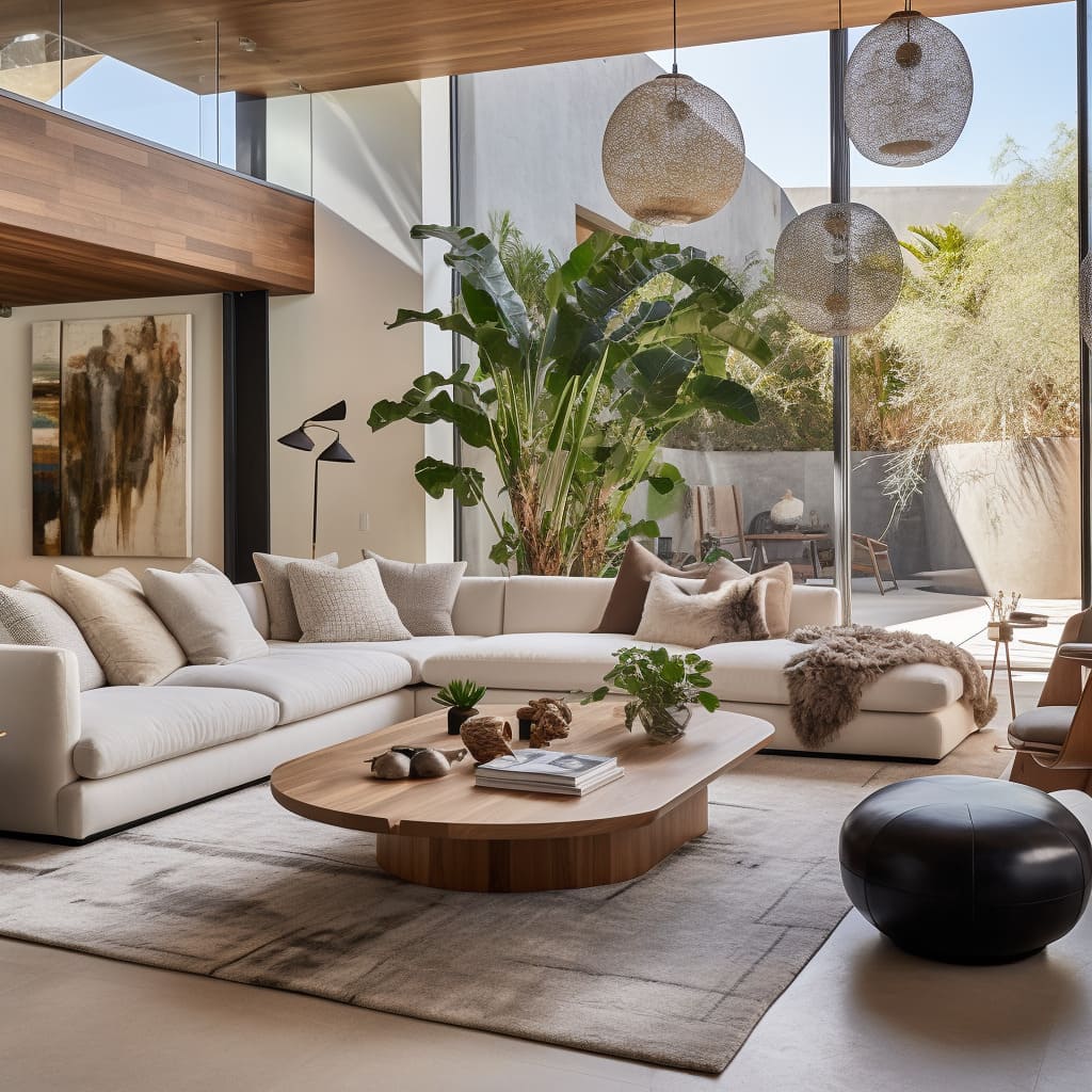Large windows frame the living room, filling the eco-styled interior with the natural warmth of the LA sun.