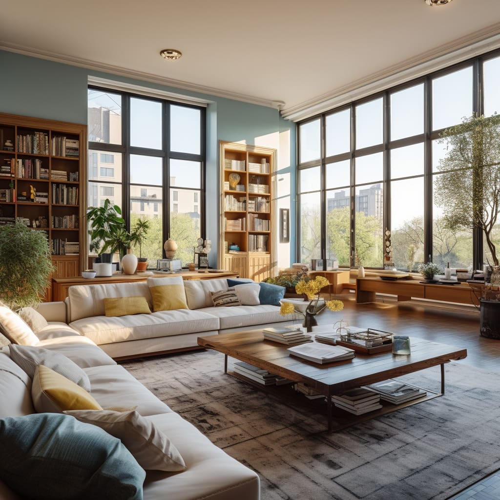Large windows in the industrial-style living room offer scenic views.