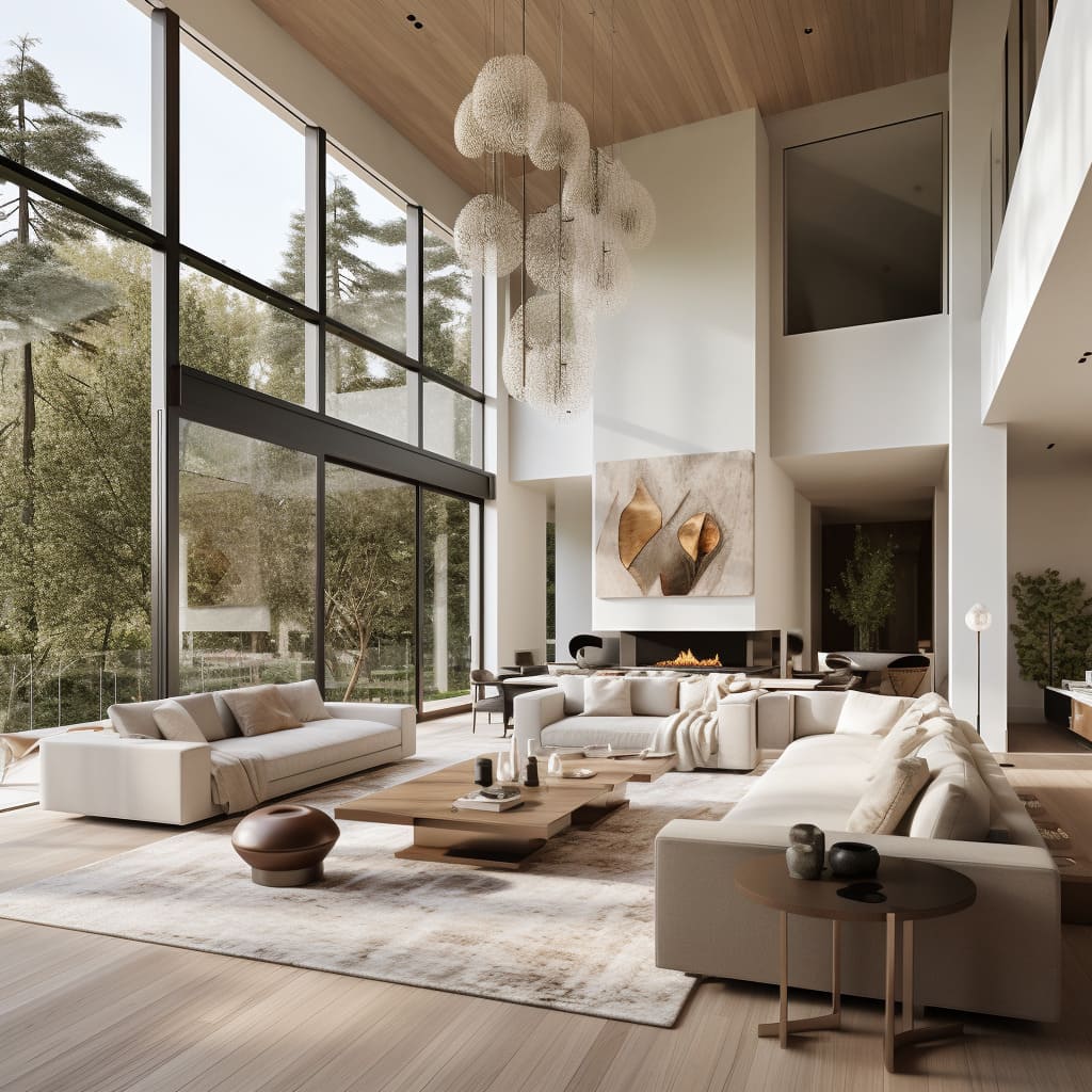 Large windows in this living room bring the tranquility of nature into this contemporary American home.