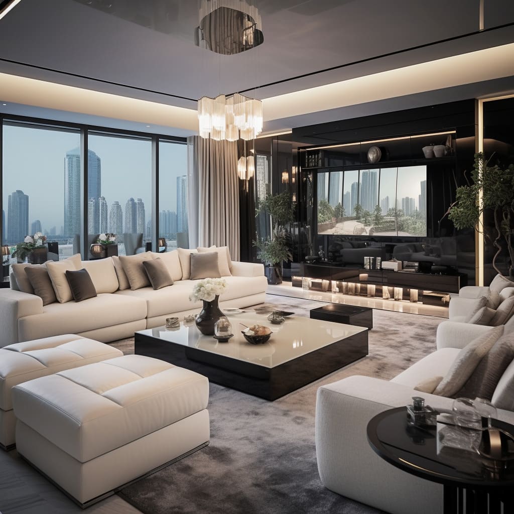 Lush interior decorations add a touch of opulence to this living room's TV area.