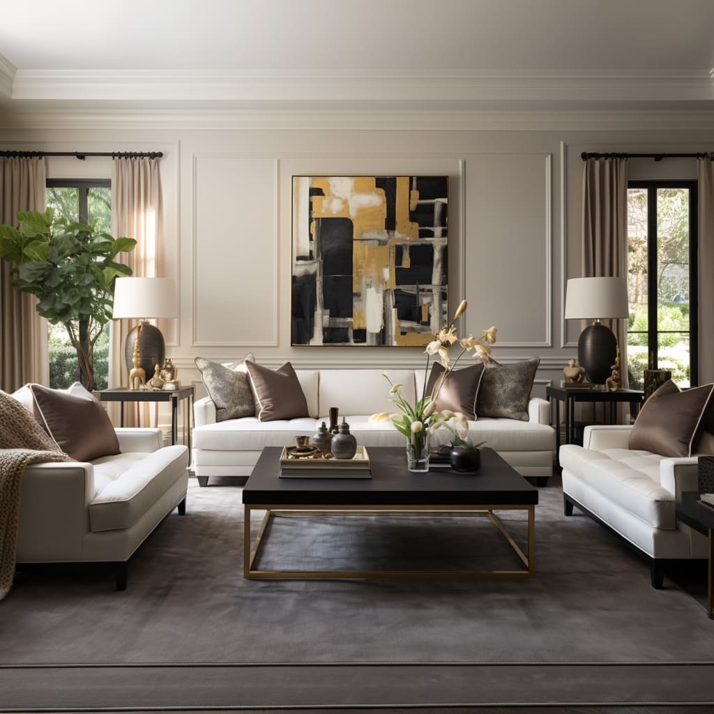 Luxurious fabrics on the armchairs enrich the home decor of this comfortable living space.