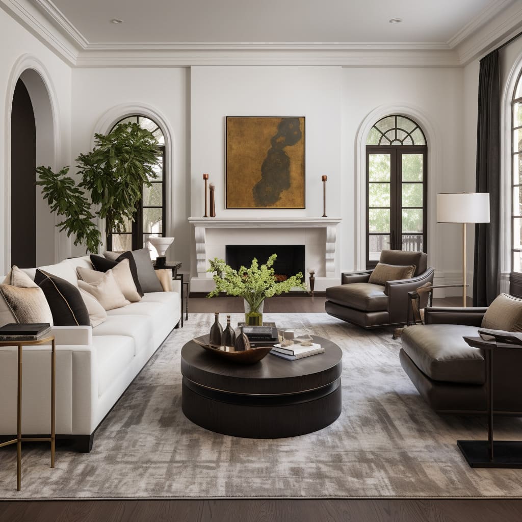 Luxurious seating meets streamlined design in this contemporary classical living room, creating a harmonious space.
