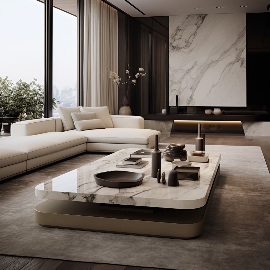 Luxurious sitting options abound in this living room, complete with a marble coffee table.