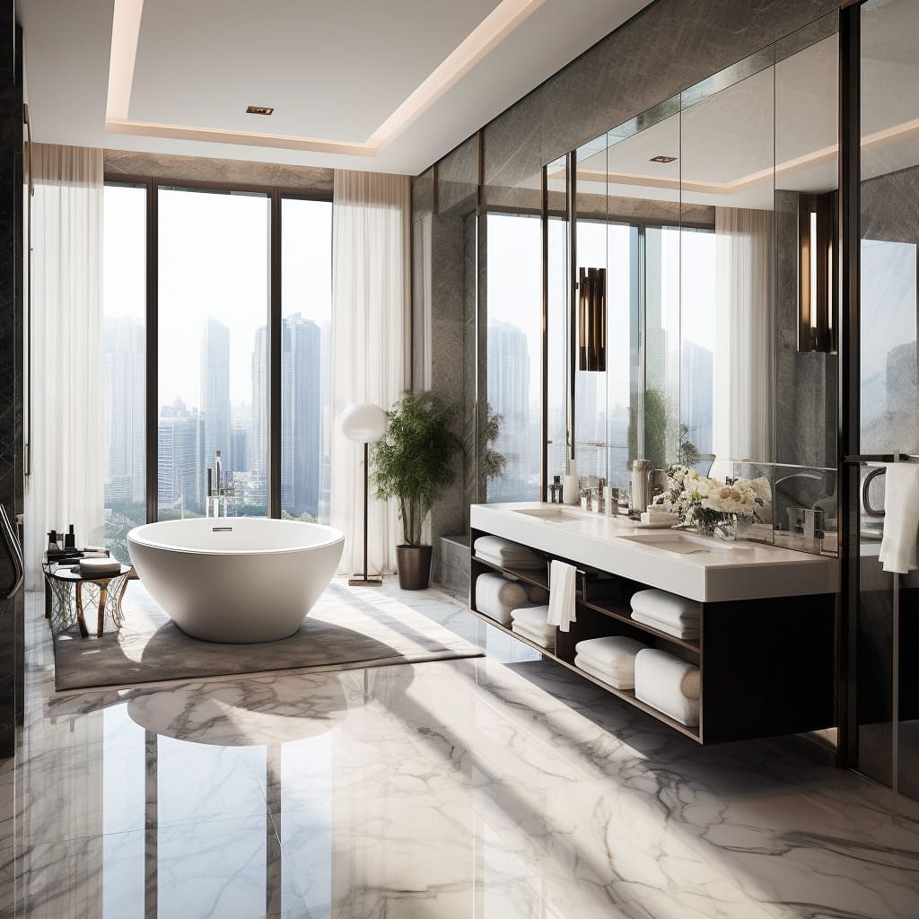 Marble accents around the sink add a touch of timeless elegance to the room's interior design.