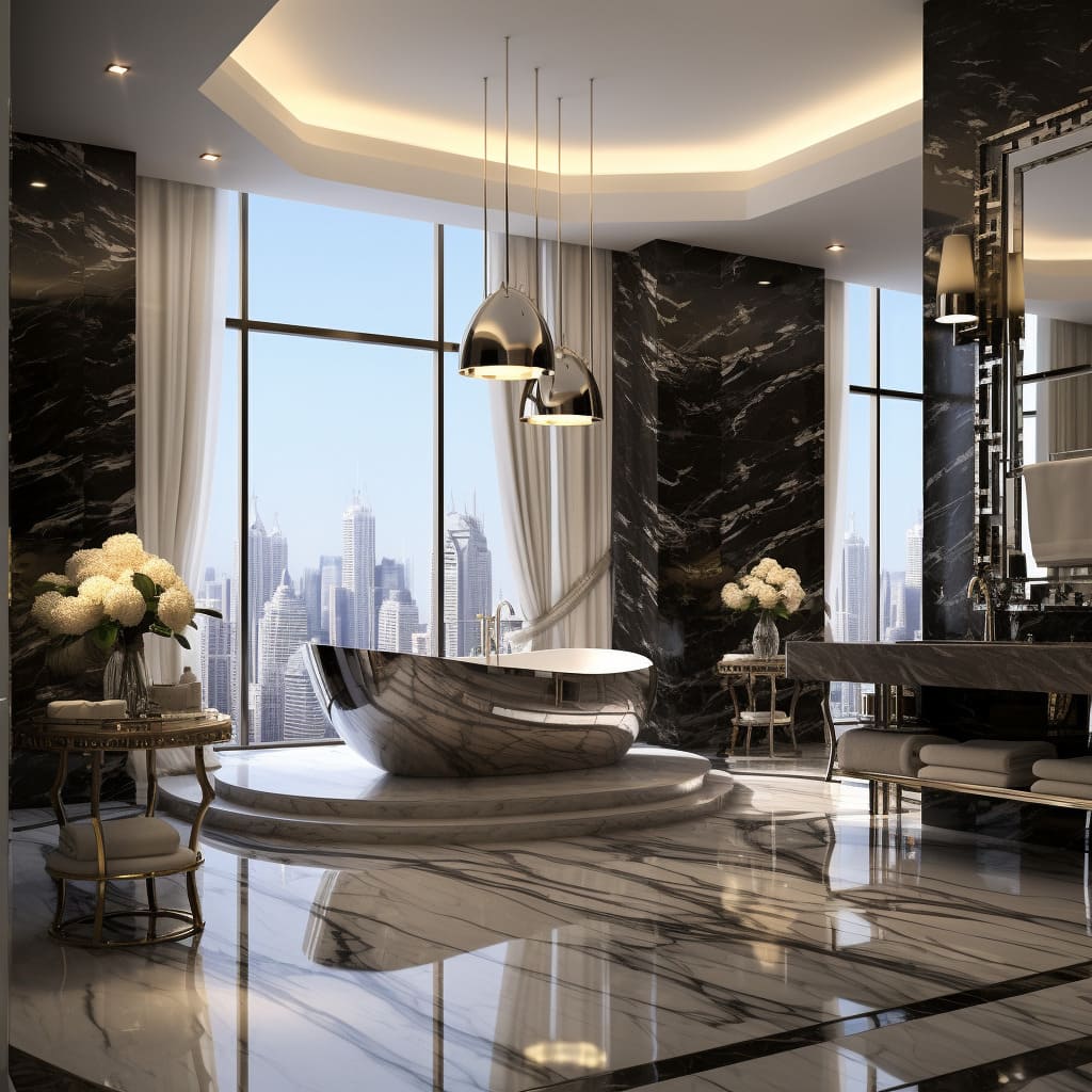 Marble details in the bathroom create a seamless look of luxury and high-end interior design.