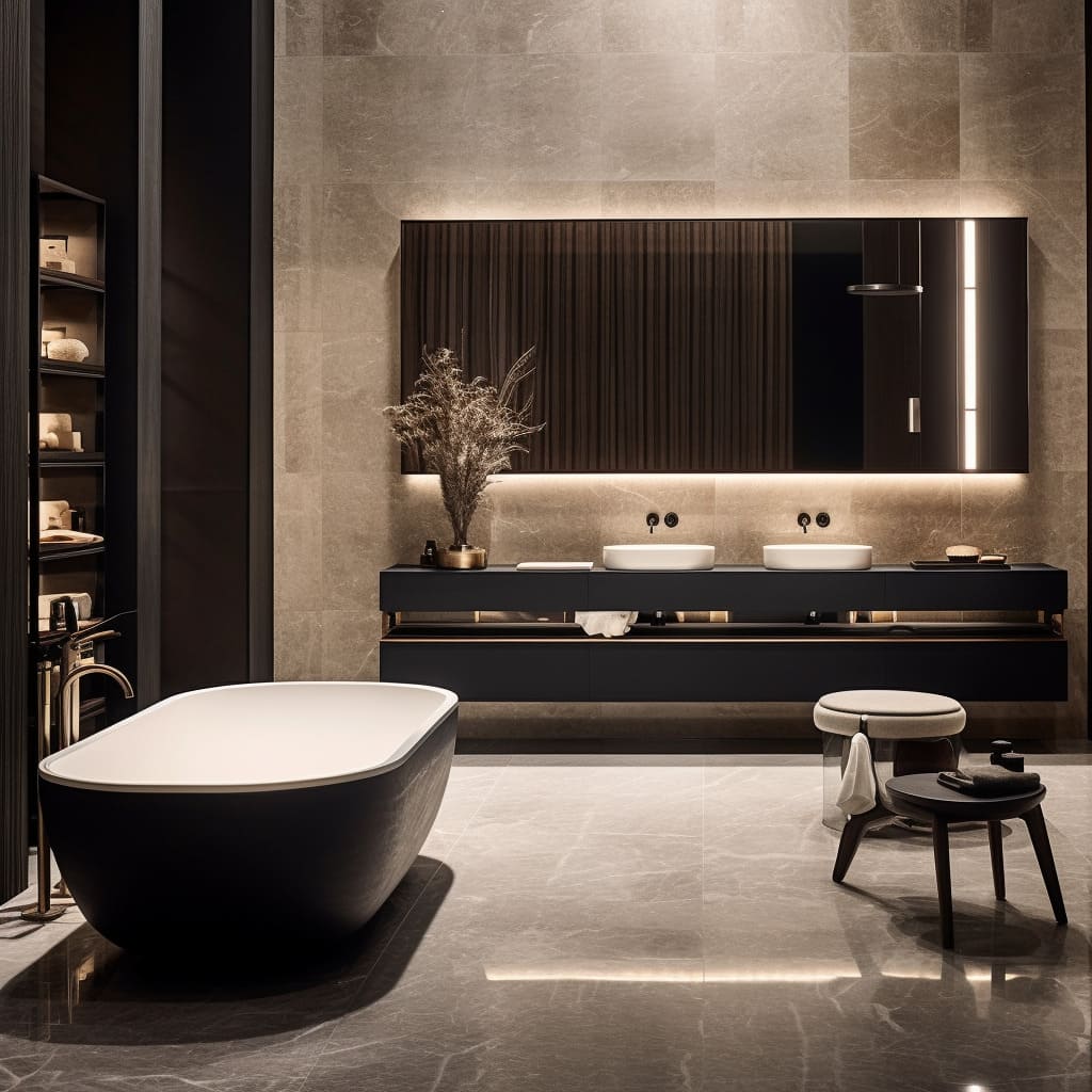 Marble elegance meets contemporary design in this luxury master bathroom with dark, rich tones.