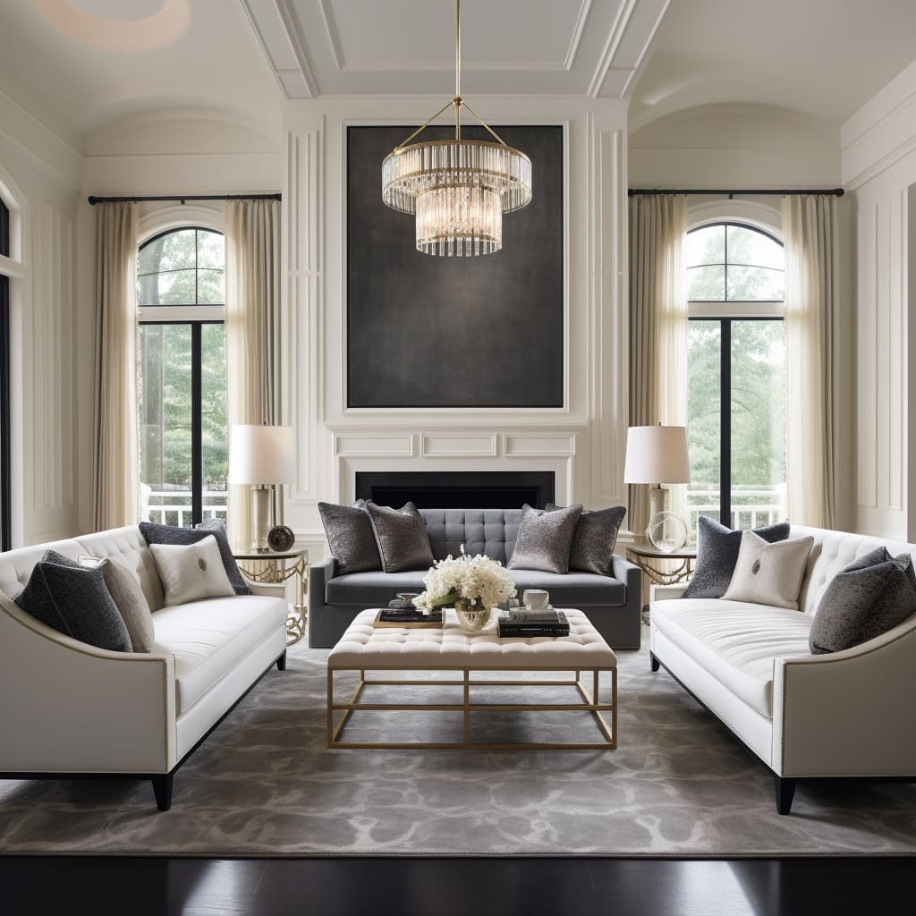 Metal accents on the decor pieces add a modern twist to the white-walled living room.